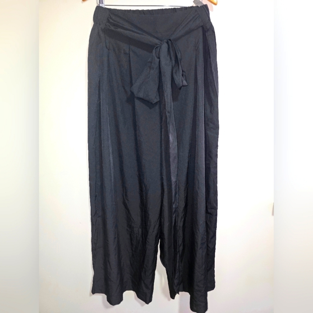 Elegant Black Plus Size Wide-Leg Pants Woth Extra Long Attached Belt - 3x/18